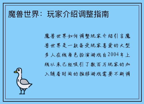 魔兽世界：玩家介绍调整指南